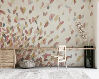 Watercolor Botanical Wallpaper with Falling Leaves – Contemporary Peel and Stick Wall Mural for Elegant Home Decoration