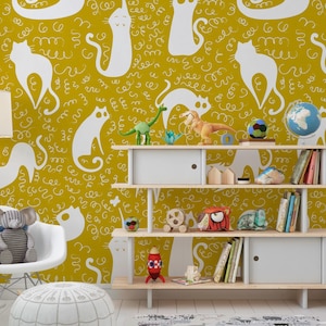 Stylish Yellow Cat Wall Mural – Minimalist Feline Pattern for Cat Lovers – Contemporary Kitty Design – Playful Cats Wallpaper – Custom Size