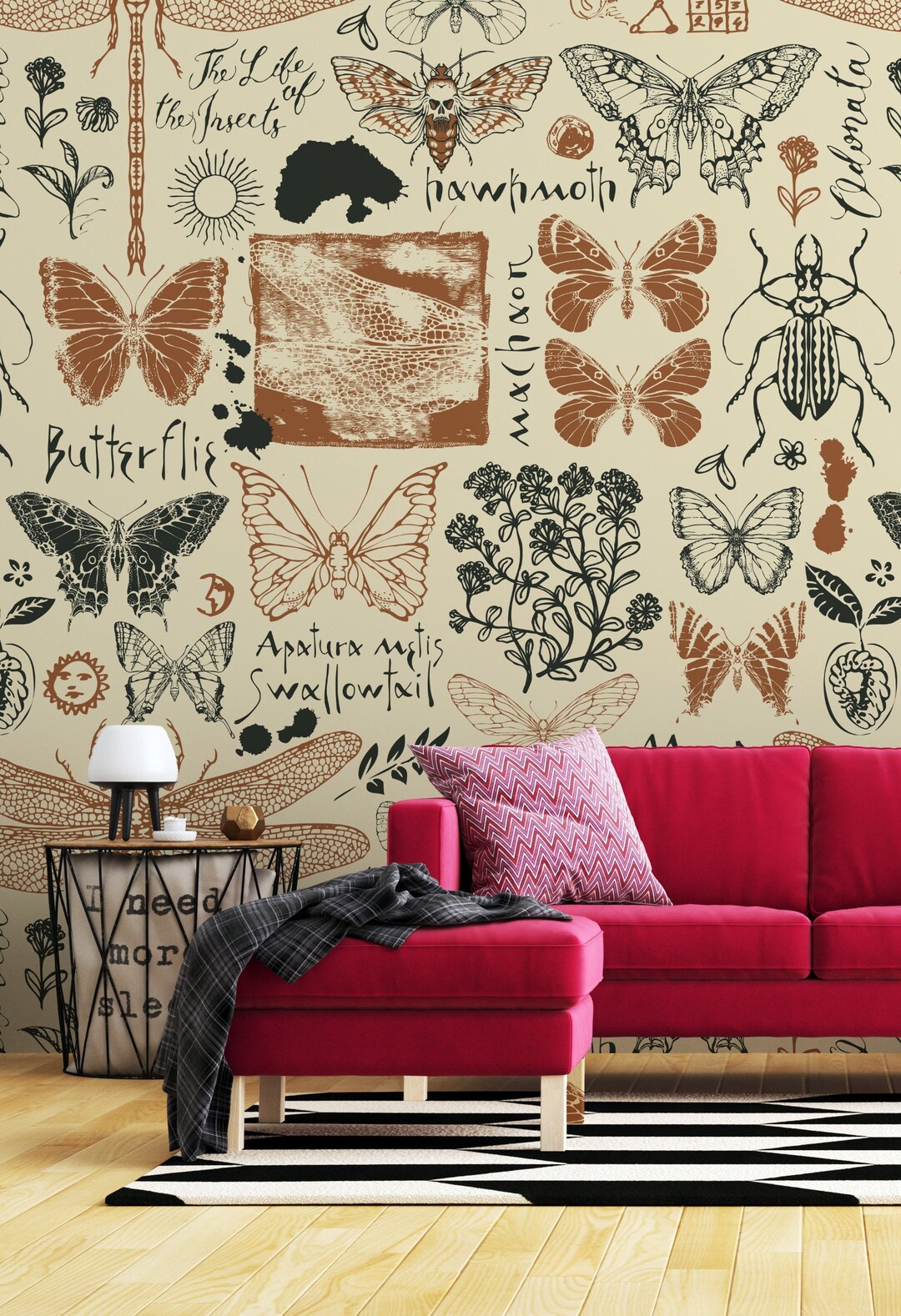Vintage Butterflies, Moth, Insects and Leaves Wallpaper, Peel and Stick ...