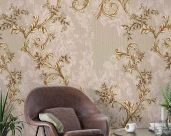 Vintage Floral Damask Wallpaper, Gold and Beige Ornate Scroll Pattern, Victorian Peel and Stick Wall Mural, Elegant Luxury Home Decor