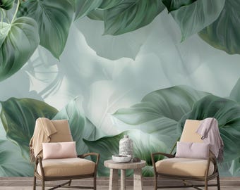Ethereal Mint Leaves Wall Mural, Soft Focus Botanical Wallpaper, Calm Nature Inspired Decor, Removable Peel and Stick, Large Leaf Mural