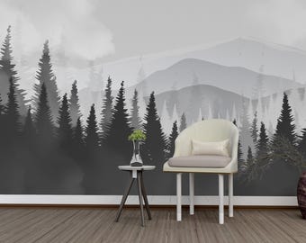 Mountain Landscape Wall Mural, Pine Tree Forest Peel and Stick Wallpaper, Removable Modern Nature Wall Art for Home, Clouds and Forest
