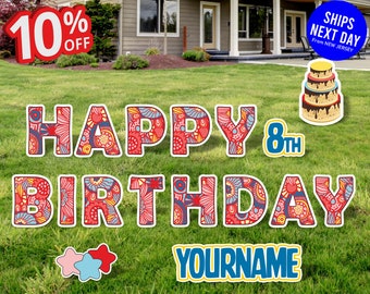 PATTERN Happy Birthday Lawn Sign, Happy Birthday Yard Signs, Outdoor Lawn Decorations, Letter Sign, Lawn Ornaments, with H-Stakes, 18 Inch