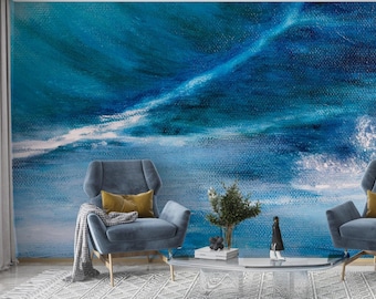 Abstract Ocean Wave Wallpaper – Large Blue Sea Inspired Wall Mural with Artistic Water Brush Strokes for Home and Office Walls