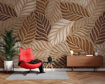 Textured Leaf Wallpaper, Brown and Beige Leaf Pattern, Modern Botanical Mural, Faux Stone Tile Peel and Stick Wall Covering for Accent Wall