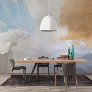 Neutral Abstract Oil Painting Mural, Blended Tones in Soft Blue, Beige, and Gray, Peel and Stick Oil Painting Wallpaper