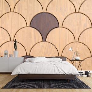 Modern Scalloped Wood Wall Mural – Beige and Dark Brown Textured Wallpaper for Elegant Home Decor, Peel and Stick Wallpaper, Wood Wall Mural