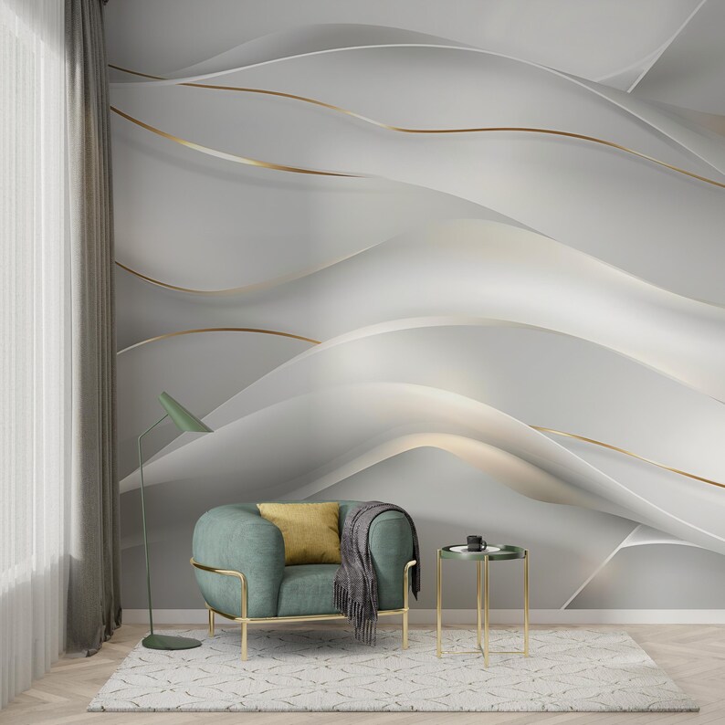 Luxury White and Gold-infused Wave Pattern Wallpaper Mural – Elegant ...