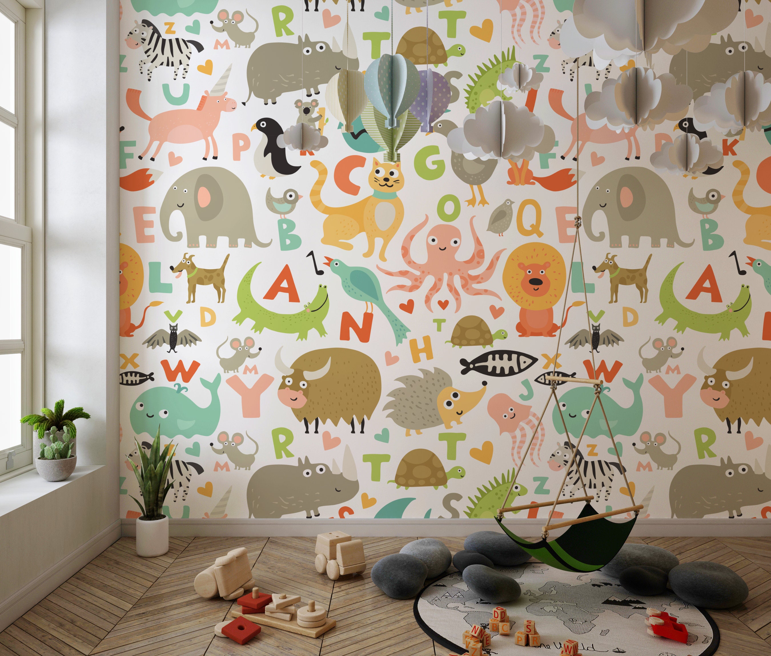 Animal Alphabet Wall Decals Boho Style Letter ABC Wall Stickers for Kids Peel and Stick Removable Wallpaper for Nursery Bedroom Living Room