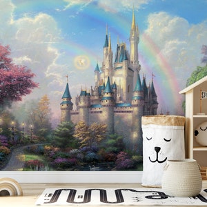 Custom Size Fairytale Rainbow Castle Wallpaper, Peel and Stick Wallpaper, Removable Wallpaper, Nursery Wallpaper, Kid’s Room Wallpaper