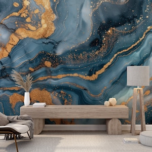Luxurious Blue and Gold Marble Wallpaper - Abstract Design with Elegant Golden Streaks on a Deep Blue Marble Background