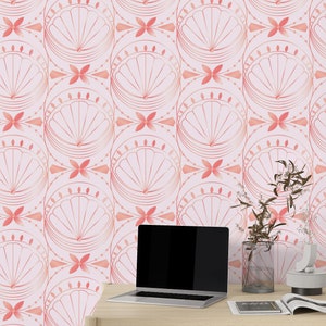Art Deco Sea Seashells Pattern Wallpaper, Peel and Stick Wall Mural | Removable, Self Adhesive or Pasted, Custom Size