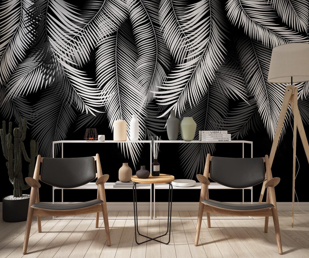 Monochrome Palm Leaves Wall Mural – Stylish Black and White Tropical ...