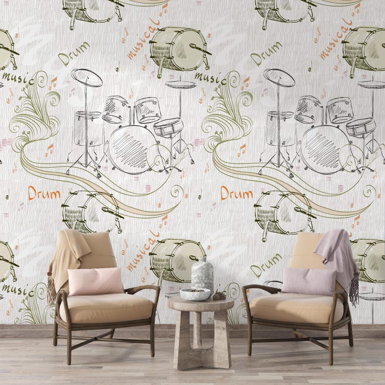 Large Music Instruments Wall Mural | Beige Neutral Musical Notes ...
