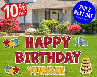 Glitter Happy Birthday Yard Sign, Happy Birthday Lawn Signs, Outdoor Lawn Decorations, Happy Birthday Lawn Ornaments, with H-Stakes, 18"