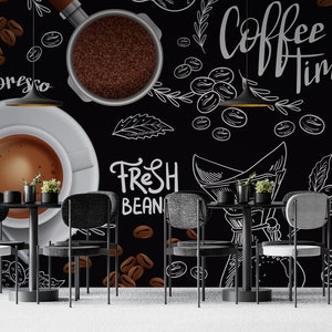 Espresso Coffee Cup and Coffee Beans Wall Mural, Peel and Stick Wallpaper | Removable, Self Adhesive or Pasted, Cafe Wall Mural