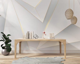 Abstract White Marble Effect Peel and Stick Wallpaper, Gold Lines Wall Mural, Luxury Geometric Self-Adhesive Wallpaper for Bedroom