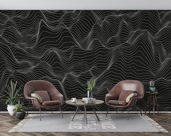 Black and White Line Wallpaper, Topographic Wave Pattern Wall Mural for Modern Home and Office Interior Decoration, Mountain Wave Mural