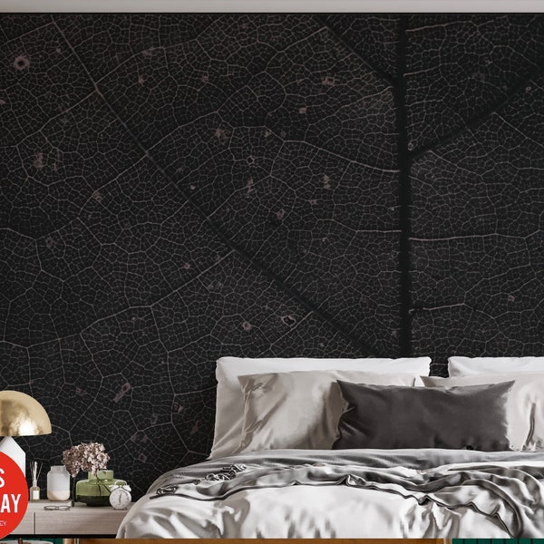 Custom Size Dark Leaf Wallpaper | Wall Mural, Peel and Stick Self Adhesive or Pasted, Removable Wallpaper, Black Wallpaper, Leaf Wallpaper