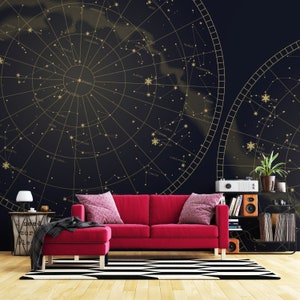 Star Constellations Southern and Northern Map Wall Mural, Peel and Stick Wallpaper | Removable, Self Adhesive or Pasted, Space Map Wallpaper