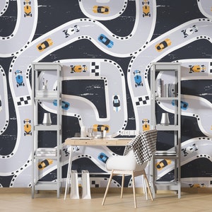 Custom Size Racing Cars on Road Wallpaper, Peel and Stick Self Adhesive or Pasted, Children&#39;s Room Wallpaper, Removable Mural