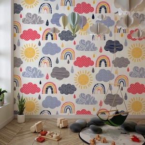 Colorful Rainbows, Sun and Cloud Wallpaper, Peel and Stick Kidroom Wallpaper, Removable Wallpaper, Nursery Wall Mural