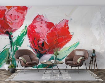 Red Tulip Floral Wallpaper Mural – Bold Brushstroke Flower Painting Design Wall Décor for Living Room, Bedroom or Artistic Interior Walls