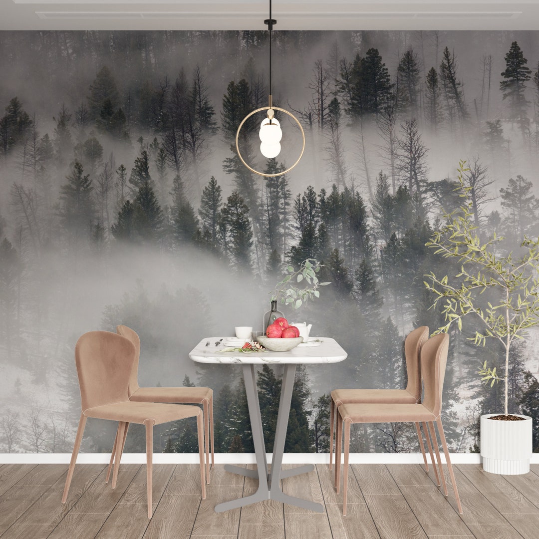 Foggy Pine Forest Wallpaper | Wall Mural, Peel and Stick Self Adhesive ...