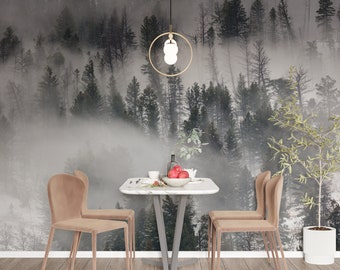 Foggy Pine Forest Wallpaper | Wall Mural, Peel and Stick Self Adhesive or Pasted, Removable Wallpaper, Tree Wallpaper, Nature Mural
