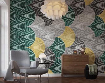 Art Deco Scallop Wallpaper, Geometric Fish Scale Pattern in Teal and Gold, Modern Peel and Stick Wall Mural, Luxury Textured Home Decor