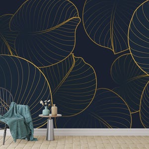 Navy Blue Wall Mural with Gold Tropical Leaves – Large Botanical Line Art Wallpaper for Modern Accent Walls or Office Decor