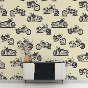 Retro Motorcycles Pattern Wall Mural, Peel and Stick Wallpaper, Self Adhesive or Pasted, Removable Motorcycles Wallpaper