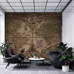 Old Style Atlas Wallpaper, Vintage Wall Mural, Peel and Stick Self Adhesive & Pasted, Temporary and Removable, World Map Made with Puzzles