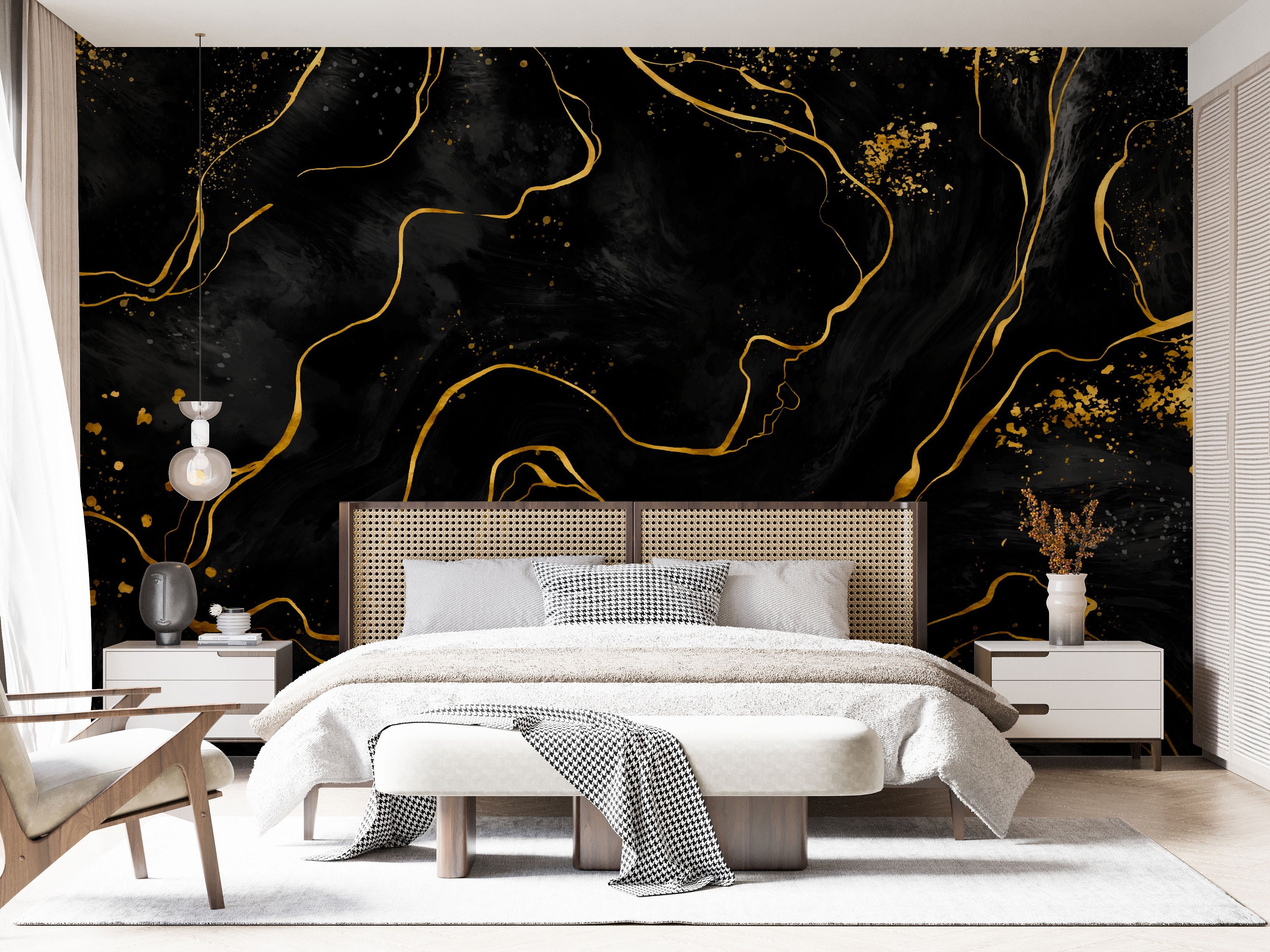 FunStick 90CM×5M Black And Gold Marble Vinyl Wallpaper Self Adhesive