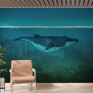 Custom Size City Under The Sea and Whale Wallpaper, Peel and Stick Whale Wallpaper, Self Adhesive or Pasted, Aesthetic Wall Mural