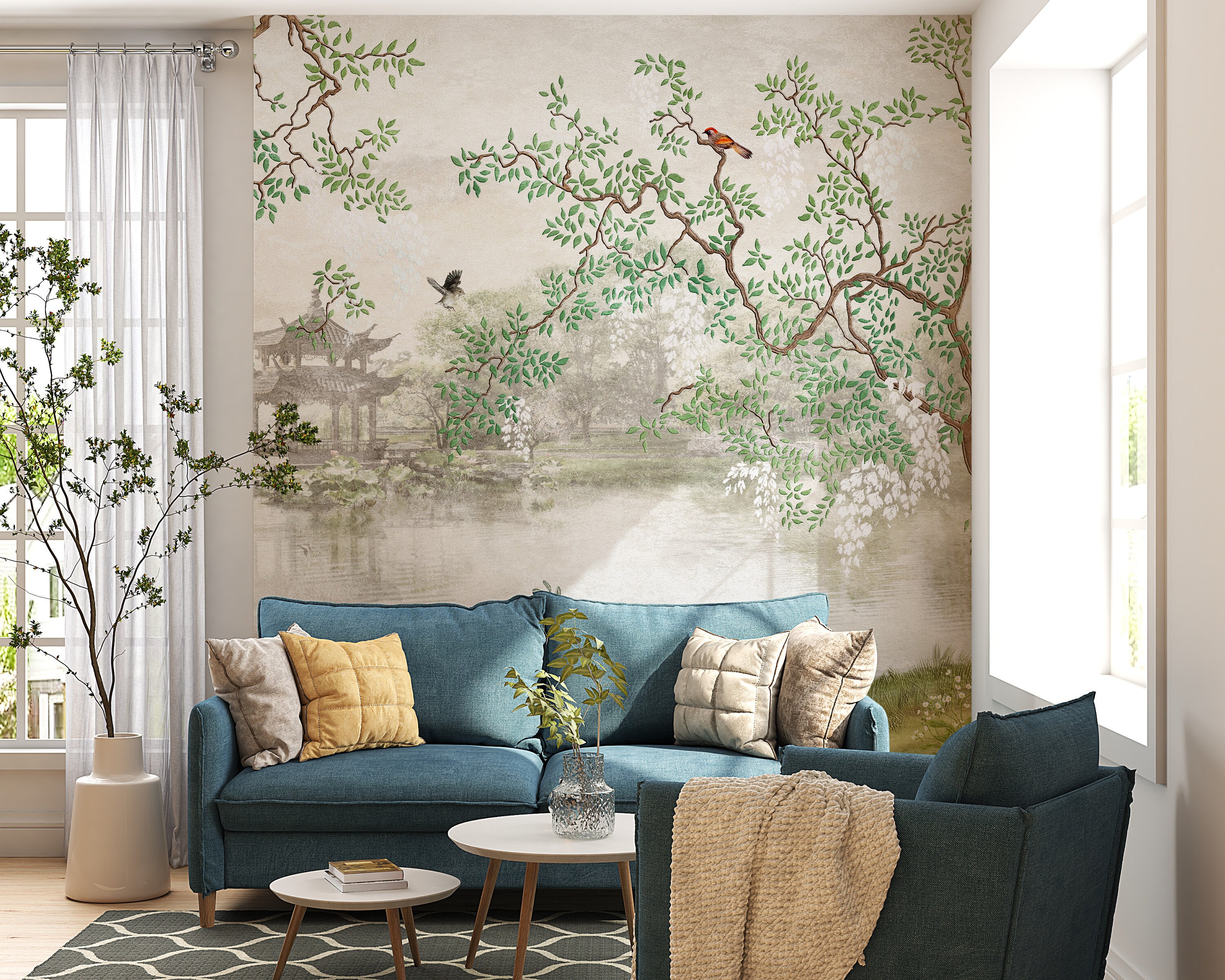 Serene Chinoiserie Garden Mural Wallpaper | Peel and Stick Removable ...