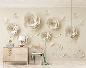 3D Wallpaper, Peel and Stick Wallpaper, Removable Wallpaper, Flower Mural, Floral Wallpaper, Origami Flowers Wallpaper, Abstract Wallpaper