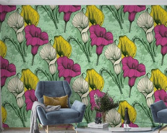 Colorful Lily Floral Peel And Stick Wallpaper, Botanical Lily Wall Mural, Tropical Flower Pattern, Removable Wallpaper For Bedroom Decor