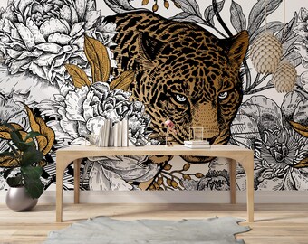 Gold Leopard Sketch Wallpaper, Black White Floral Jungle Mural, Hand Drawn Animal Print, Peel and Stick Modern Eclectic Home Wall Decor