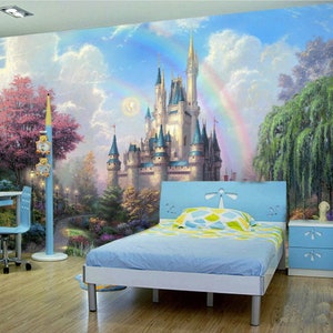 Nursery Fairytale Rainbow Forest Castle Wallpaper, Removable Wallpaper, Nursery Girl Wallpaper, Girl Room Wallpaper, Castle Nursery Mural