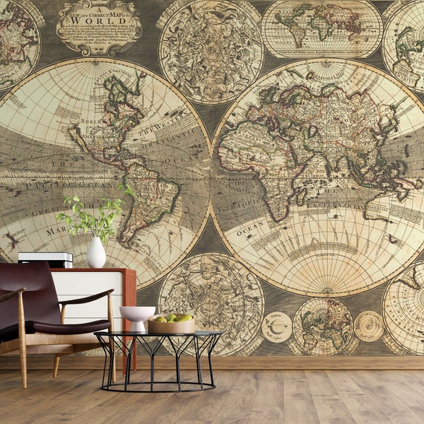 Ancient Medieval Map of the World Wallpaper, Vintage Wall Mural, Peel and Stick Self Adhesive & Pasted, Temporary and Removable