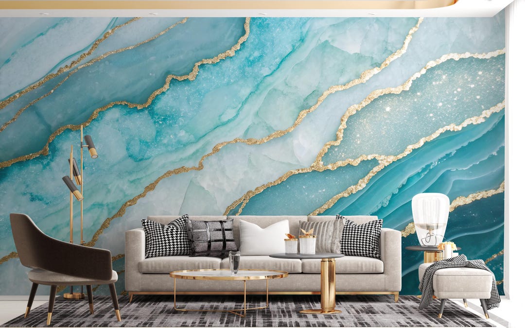 Peel and Stick Blue and Gold Agate Wallpaper, Gold Veined Crystal Wall ...