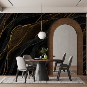 Black and Gold Marble Wallpaper, Wall Mural | Peel and Stick Marble Wallpaper, Removable Wallpaper, Abstract Gold Lines on Dark Background