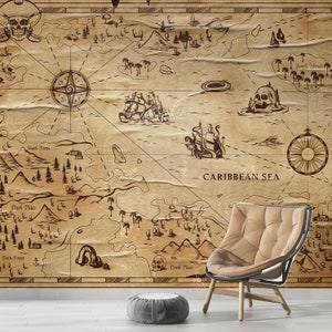 Custom Size Pirate Map Parchment Style Paper Wallpaper, Vintage Wall Mural, Peel and Stick Self Adhesive & Pasted, Temporary and Removable