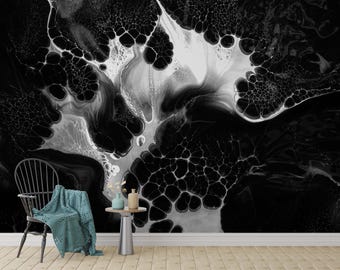 Black and White Abstract Wall Mural – Modern Artistic Wallpaper with Textured Flow and Organic Patterns, Peel and Stick Wallpaper
