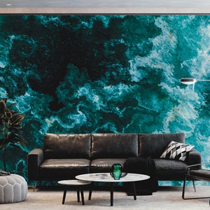 Modern Ocean Wallpaper Hand-Drawn | Pattern Wall Mural | Peel and Stick Self Adhesive or Pasted | Removable Wallpaper | Ocean Wallpaper