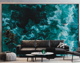 Modern Ocean Wallpaper Hand-Drawn | Pattern Wall Mural | Peel and Stick Self Adhesive or Pasted | Removable Wallpaper | Ocean Wallpaper
