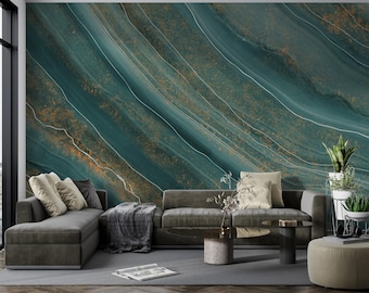 Emerald Green Gold Marble Wall Mural, Luxury Onyx Stone Wallpaper, Art Deco Teal Wall Decor, Peel and Stick or Traditional Wall Covering