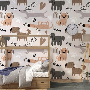 Cute Dog Wall Mural – Lovely Hand-Drawn Puppy Pattern Wallpaper – Playful Scandinavian Style Kids Room & Nursery Decor for Dog Lovers