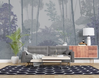 Modern Chinoiserie Bamboo Wallpaper, Misty Oriental Forest Wall Mural, Calm Grey Botanical Decor, Removable Peel and Stick Wall Covering